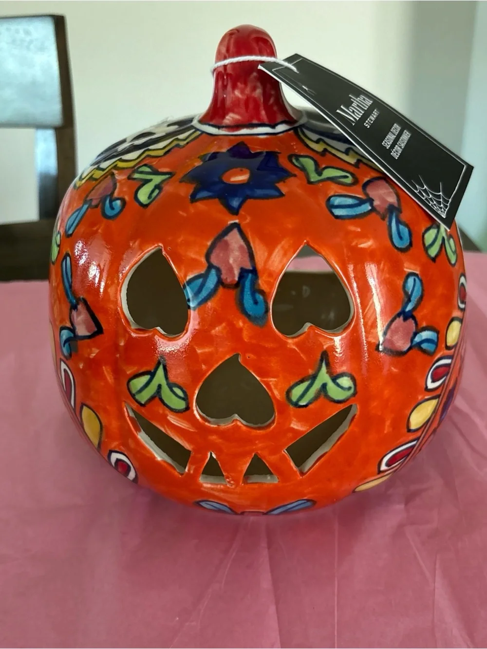 Martha Stewart Pumpkin Candle Holder Folk Talavera Style Jack O Lantern 9”t X 8”